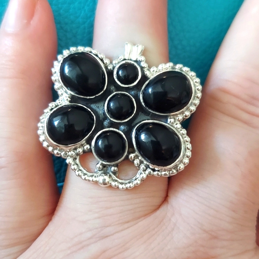 Sterling Silver Large Adjustable Butterfly Ring Black Onyx 5-10 - Picture 4 of 9